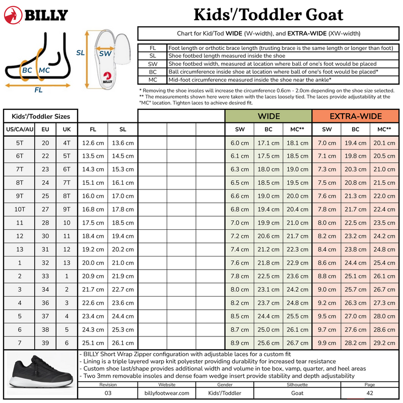Kids'/Toddler BILLY Goat afo-friendly shoes sizing chart