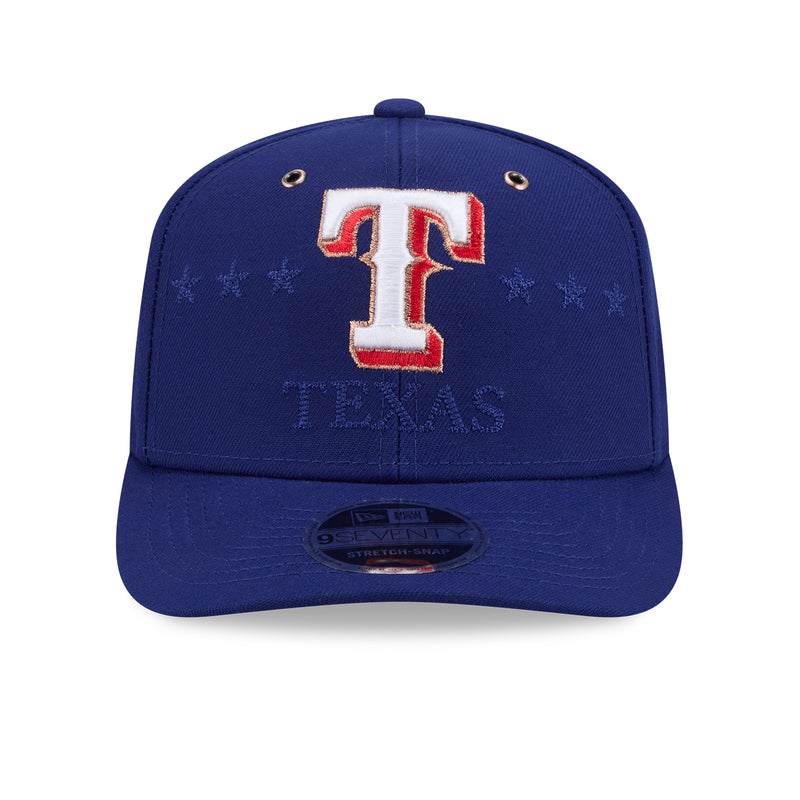 Blue baseball cap with Texas T logo, star pattern, adjustable snap back
