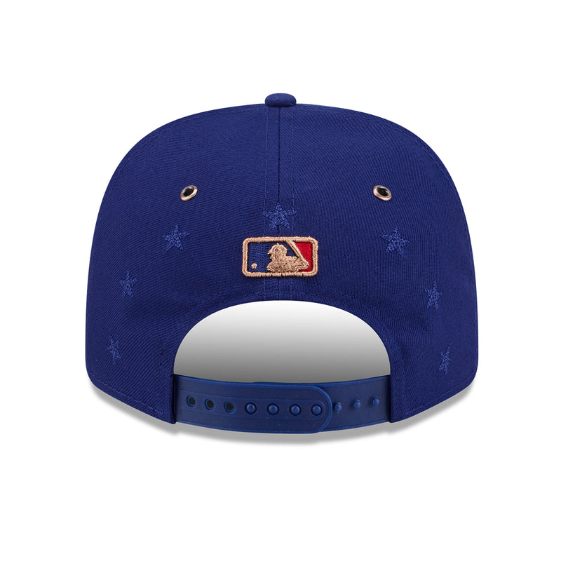 Blue baseball cap with MLB logo patch on back, star pattern, snapback