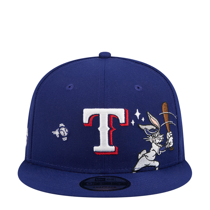 Blue baseball cap with Texas Rangers T logo and Bugs Bunny graphic