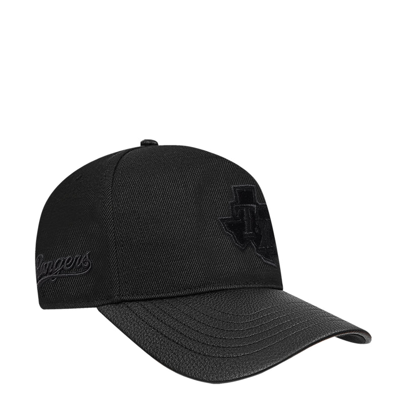 Black low-profile snapback cap, side view with embroidered team logo detail