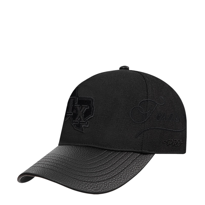 Black low-profile snapback cap with small embroidered logo and cursive mark