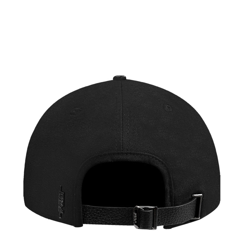 Black low-profile snapback cap back view with adjustable strap and metal buckle