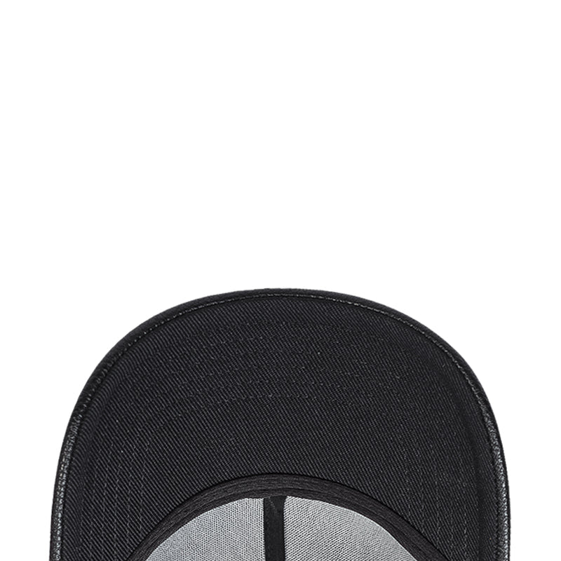Black snapback cap interior brim and crown stitching detail, low-profile design