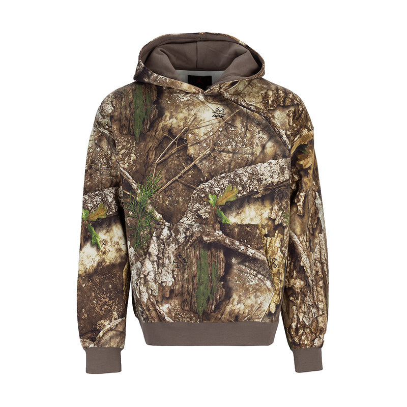Men's pullover camouflage hoodie with dark hood, kangaroo pocket, and orange trim