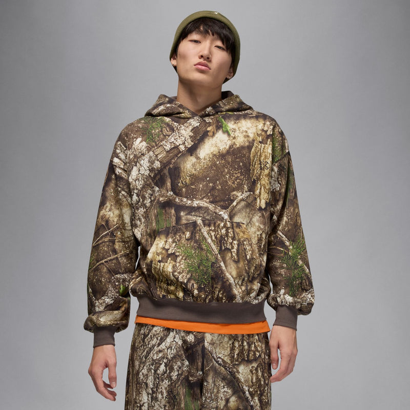 Men's camouflage pullover hoodie with hood and kangaroo pocket, orange hem band