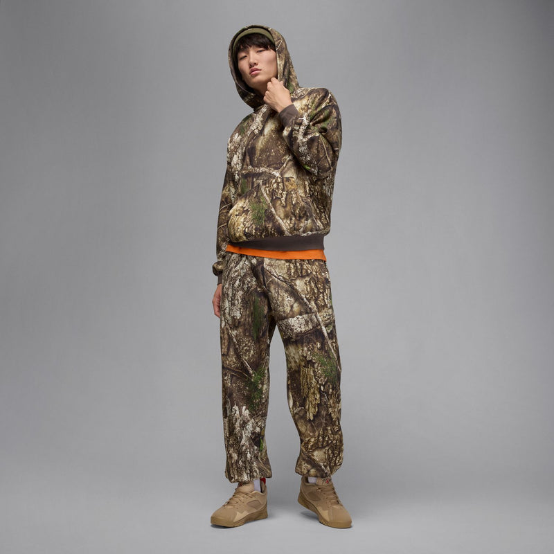 Men's camouflage pullover hoodie with adjustable hood and orange hem band