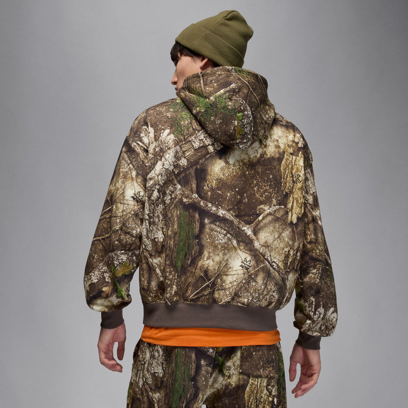 Men's camouflage pullover hoodie, back view with hood and orange hem band