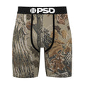 Men's camo boxer briefs in gray-brown, black waistband with PSD logo