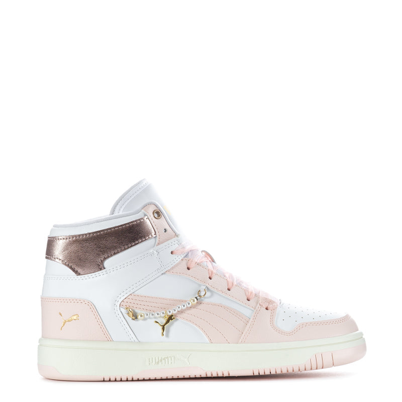 Women’s high-top sneakers in white with blush overlays, rose-gold heel, pink laces