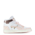 Women’s high-top sneakers in white with blush overlays, rose-gold heel, pink laces