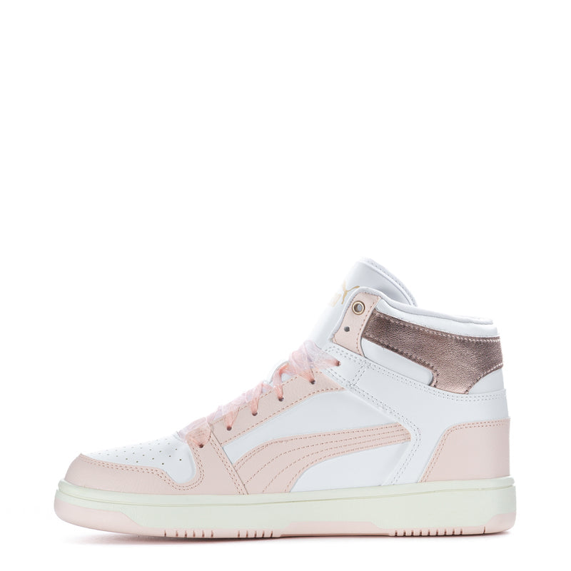 Women’s high-top sneakers, white upper with blush side panels and rose-gold collar detail