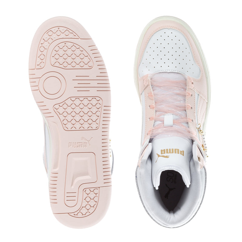 Women’s high-top sneaker soles and inside view; white and blush uppers with rose-gold accents