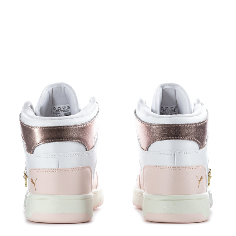 Women’s high-top sneakers back view with rose-gold heel tabs, white uppers, mint outsole
