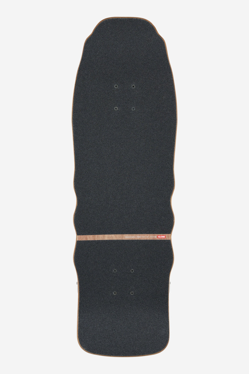 Grip tape close up of Restless Cruiserboard 10.0 Axe Man showing black surface and copper edge