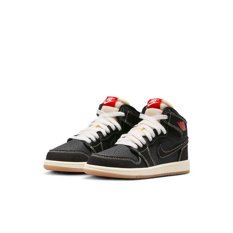 Kids black high-top sneakers, white laces and midsole with red logo detail