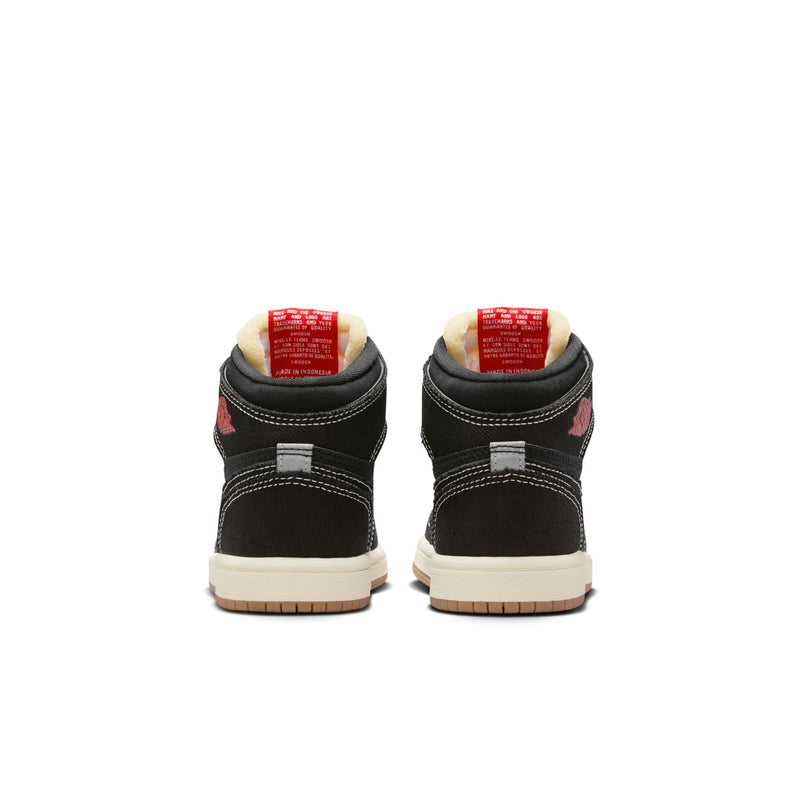 Kids black high-top sneakers from back view with white midsole and gum outsole