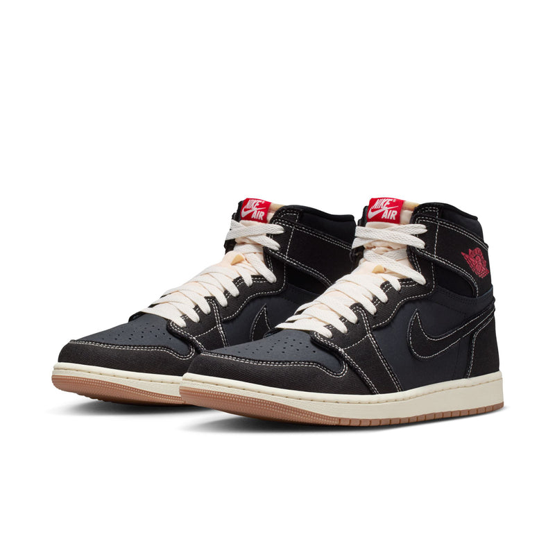Black and red high-top sneakers with white laces, Nike Swoosh, and gum sole