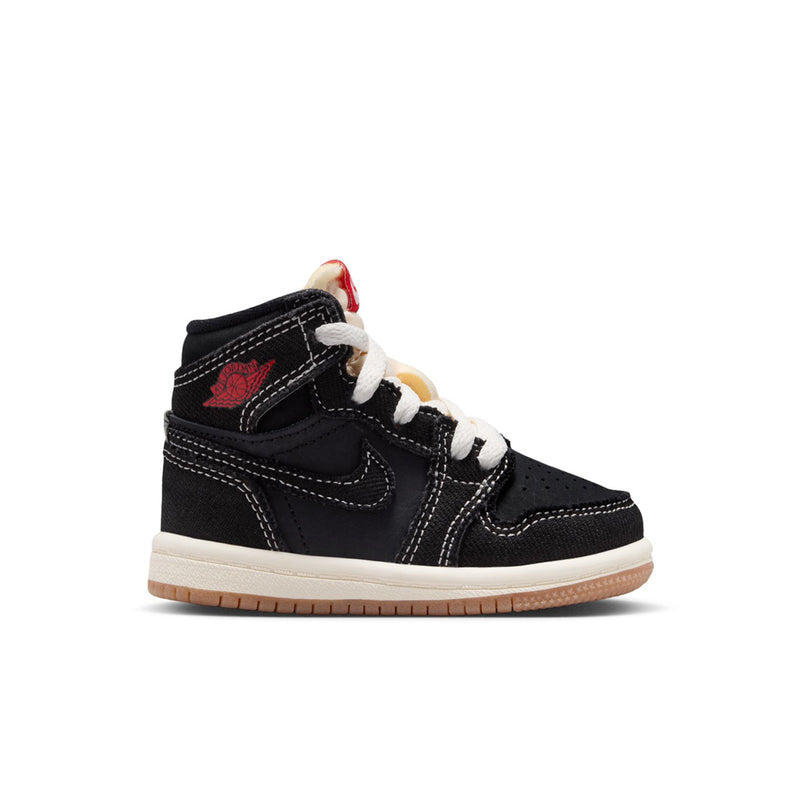 Toddler black high-top sneakers with white laces, red heel patch, and tan gum sole