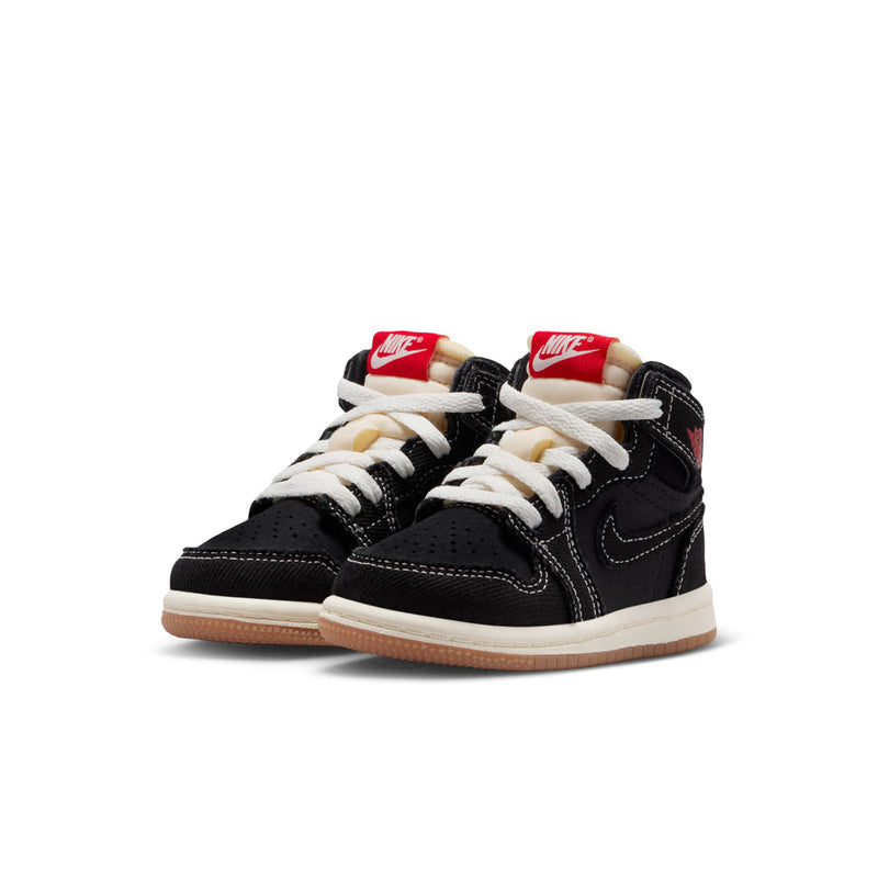 Toddler black high-top sneakers, side view, with white laces and tan gum sole