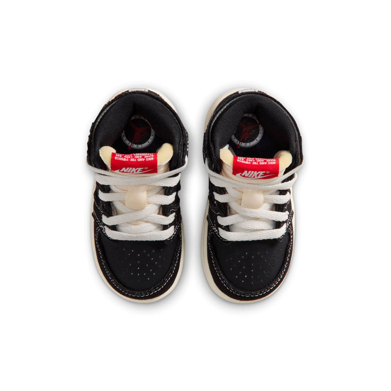 Toddler black high-top sneakers, back view, with white laces and red Nike heel label