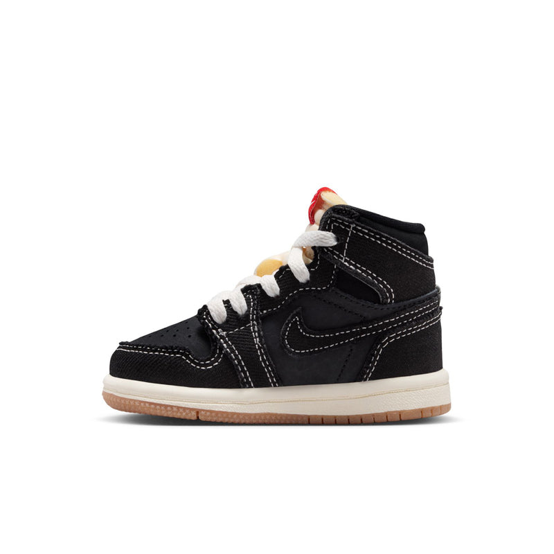 Toddler black high-top sneakers, side profile with white laces and tan gum sole