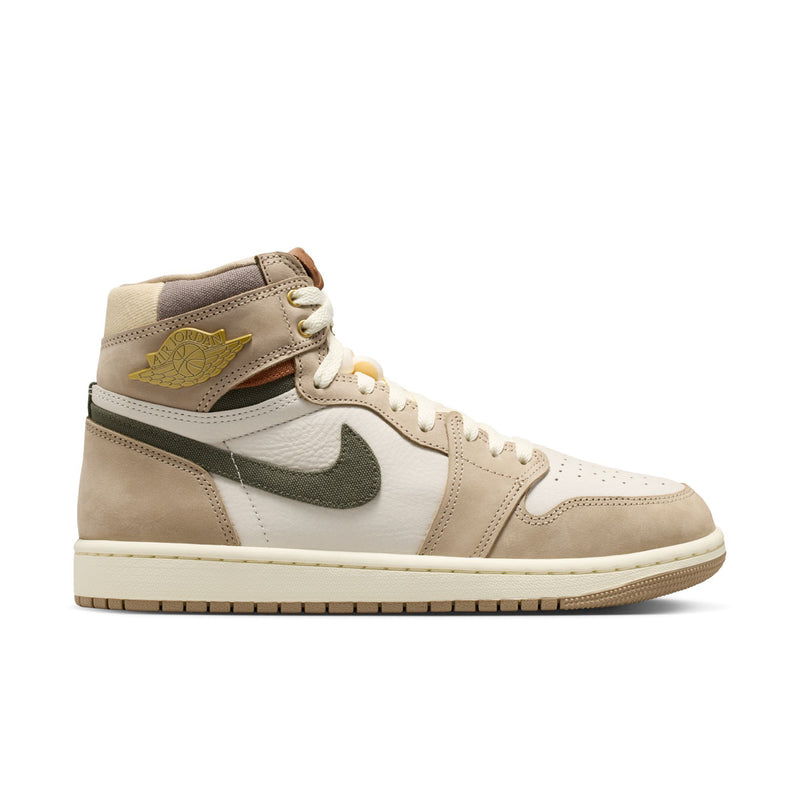 High-top sneakers in sail, tan suede and dark olive with white laces and rubber sole