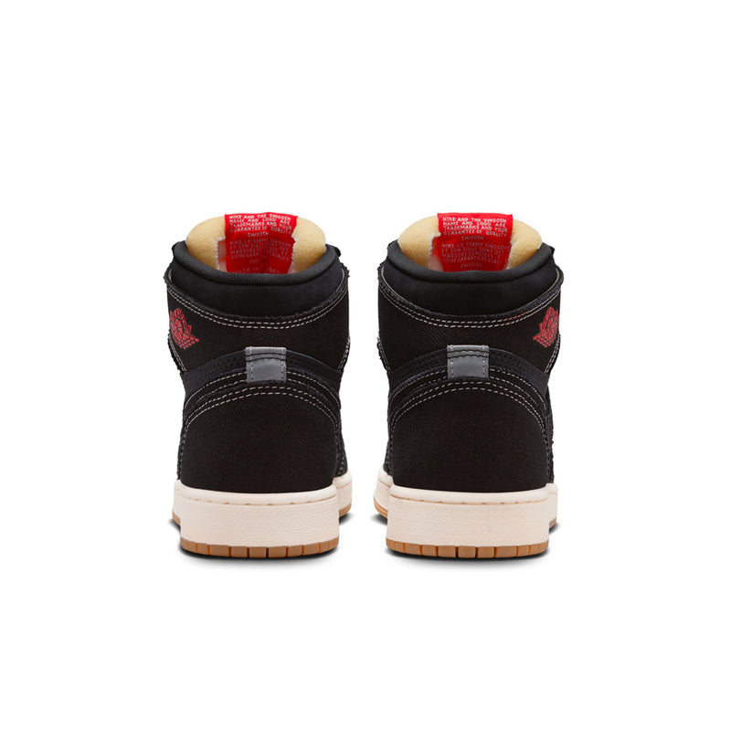 Black youth high-top sneakers with red heel tabs, white midsole, gum outsole.