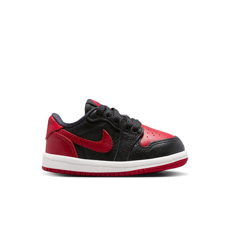 Toddler low-top sneakers, black and red with swoosh and white sole