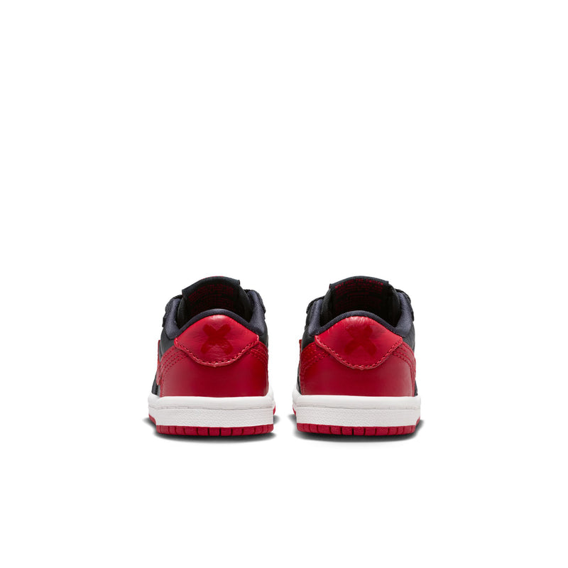 Toddler low-top sneakers heel view in black and red with white midsole