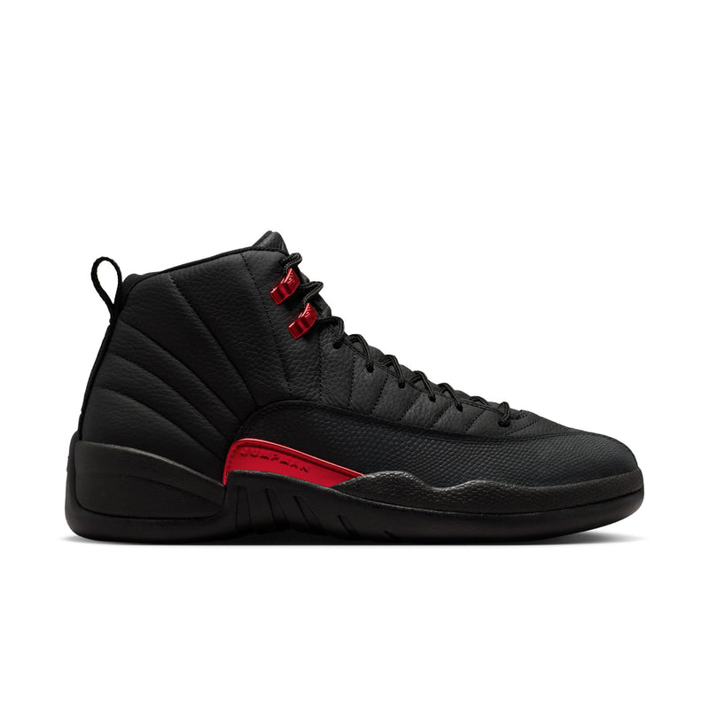 Men's black and varsity red high-top sneakers with quilted collar and red accents
