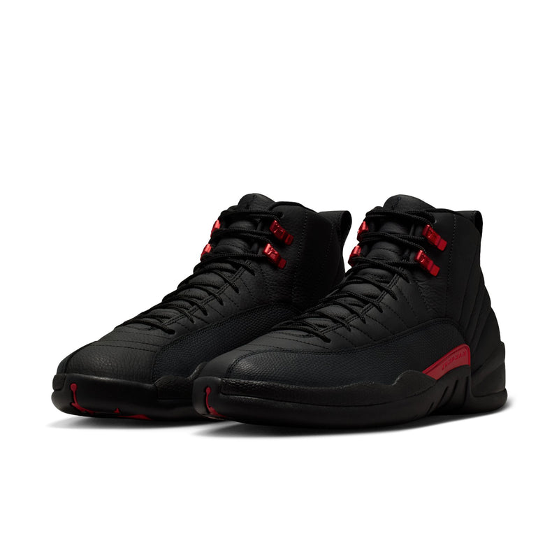 Men's black high-top sneakers with red lace eyelets, strap details, and logo