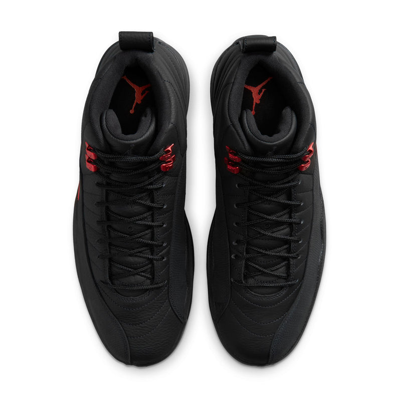 Pair of men's black high-top sneakers with black laces and red jumpman logos