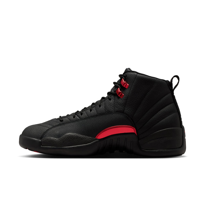 Men's black high-top sneakers with quilted side panels and red top strap