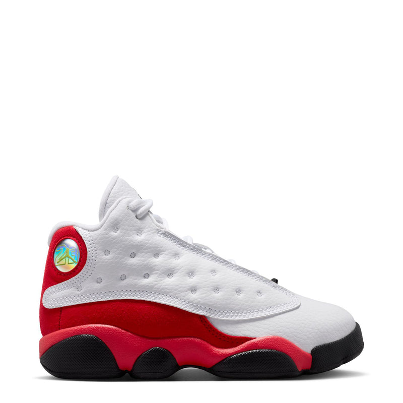 Kids' retro 13 sneakers, white and red with black outsole, lace-up design.