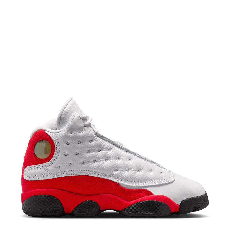 Youth high-top sneakers with white upper, red panels, and black rubber outsole