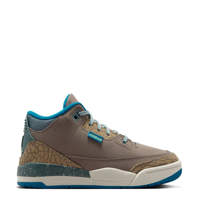 Kids retro basketball sneakers in taupe with blue accents, lace-up and elephant-print panel