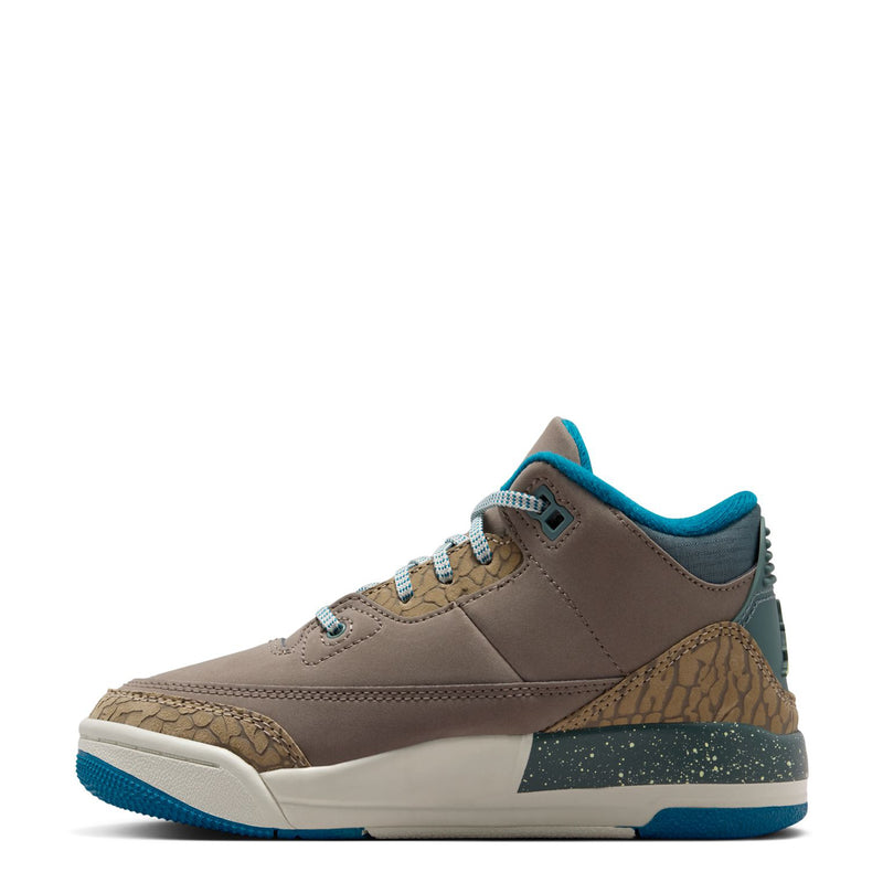 Kids retro basketball sneakers, side view, taupe upper with blue lining and elephant-print toe