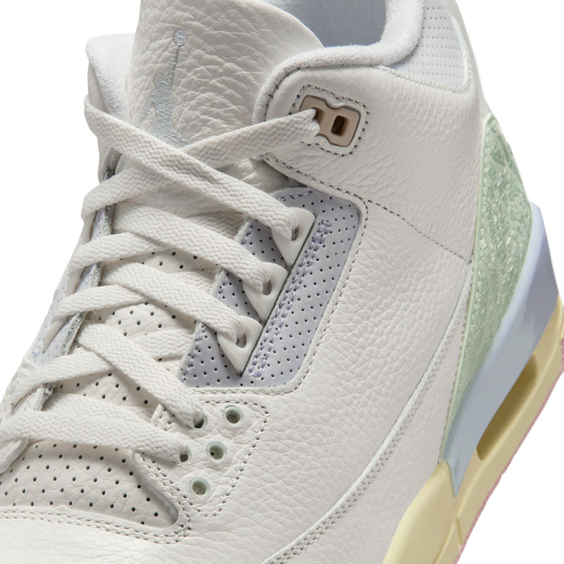 Men's retro basketball shoe close-up, white laces and tongue with Nike Air heel tab
