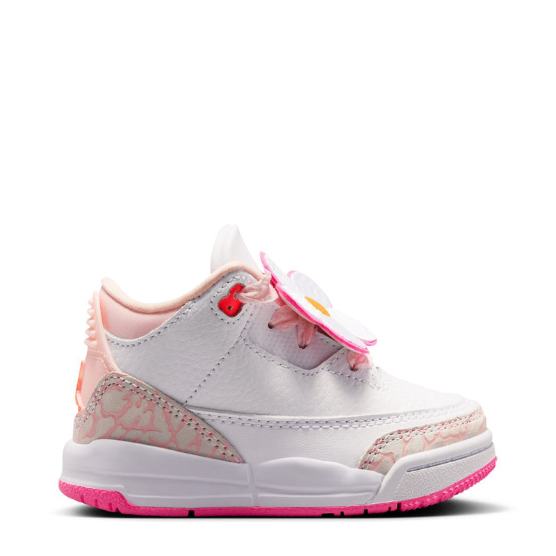Toddler retro sneakers, side view with pink laces and patterned pink panel detail