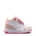 Toddler retro sneakers, side view with pink laces and patterned pink panel detail