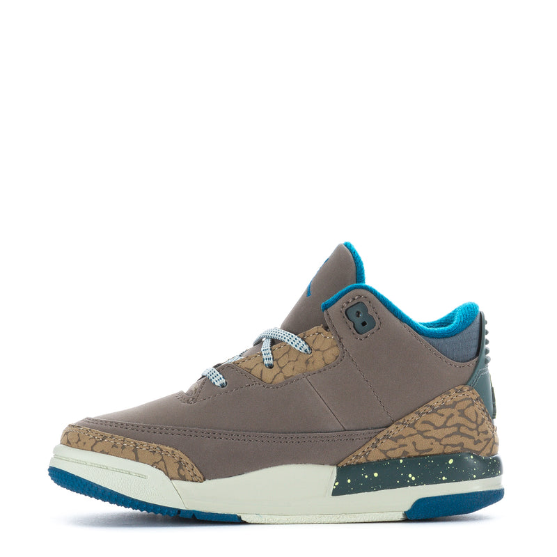 Toddler Jordan sneakers, gray upper with turquoise collar and tan/khaki side panel