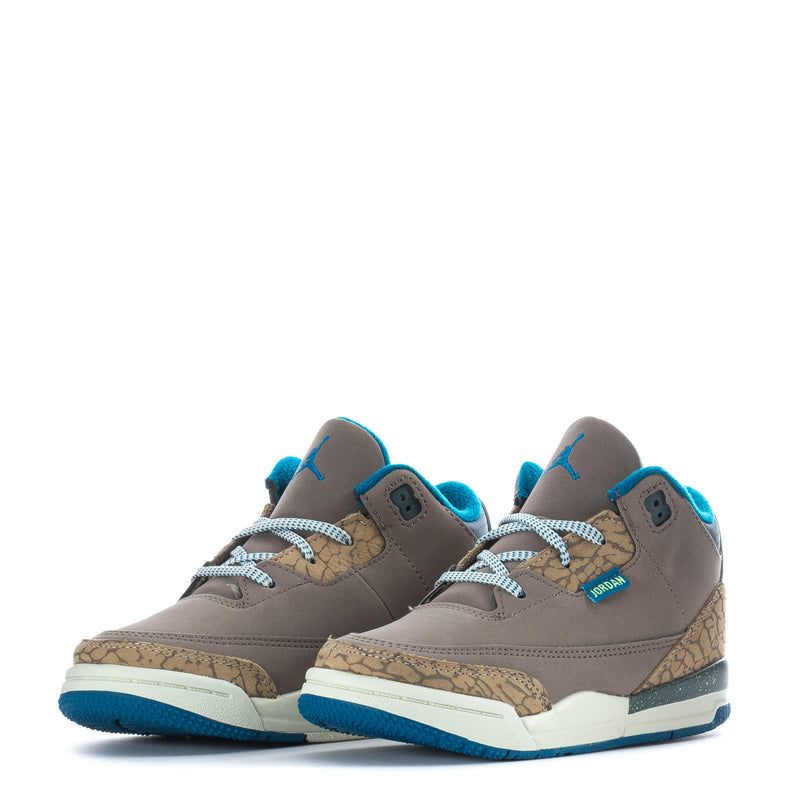Toddler Jordan Retro 3 sneakers, gray with tan toe cap, turquoise collar and laces