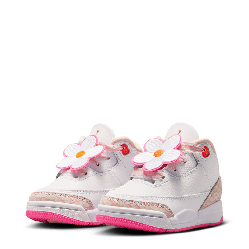 Pair of toddler retro sneakers, light gray uppers with pink flower appliques