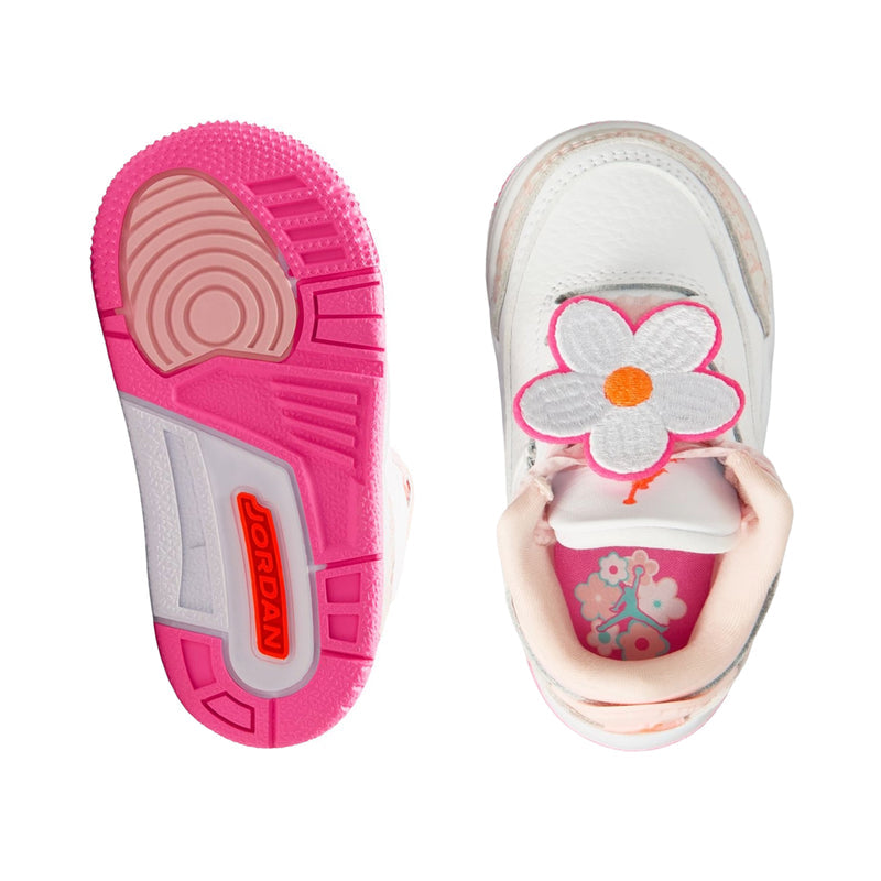 Toddler retro sneaker soles: white tread with pink outsole and flower logo