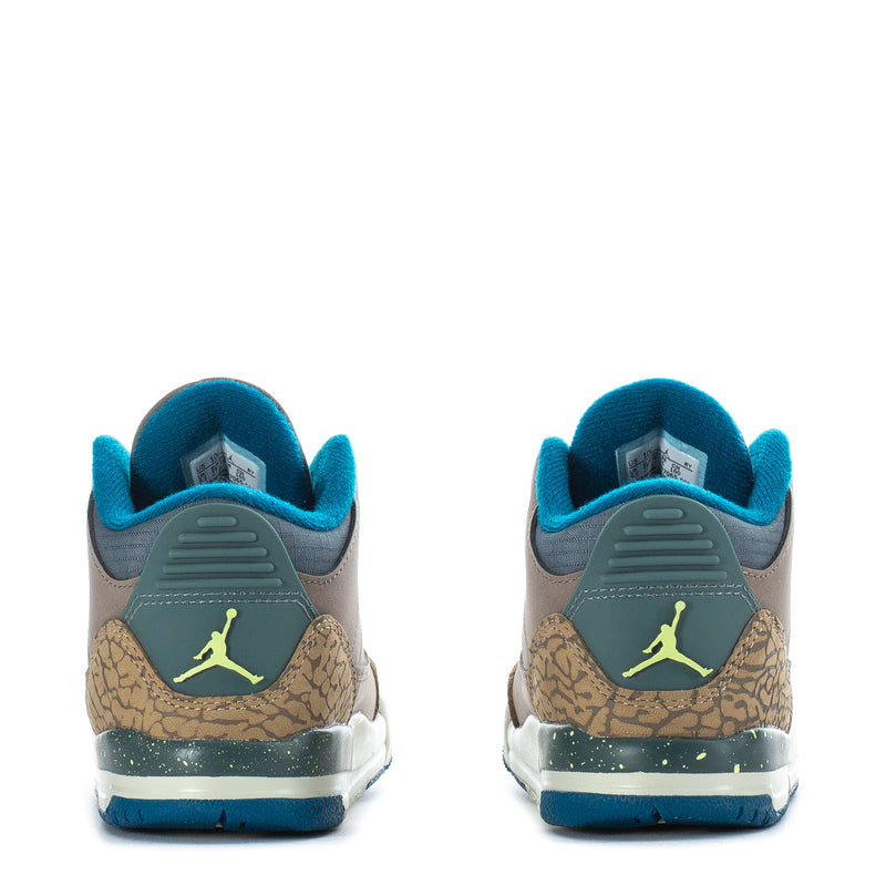 Toddler Jordan sneakers, gray heel with Jumpman logo, tan print panel and turquoise accents