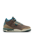 Youth Jordan sneaker, dark brown suede with teal accents and speckled midsole