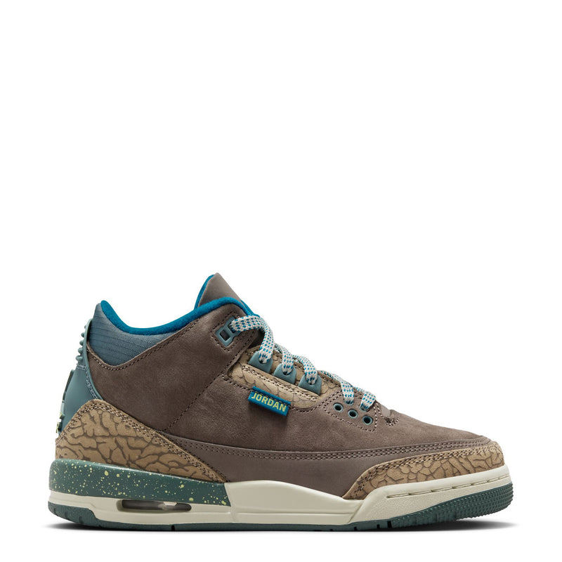 Youth Jordan sneaker, dark brown suede with teal accents and speckled midsole