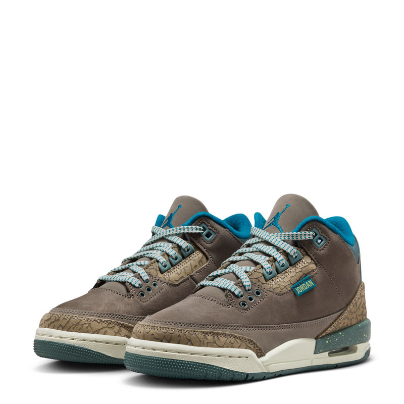 Pair of youth Jordan sneakers, brown suede with teal lining and speckled sole