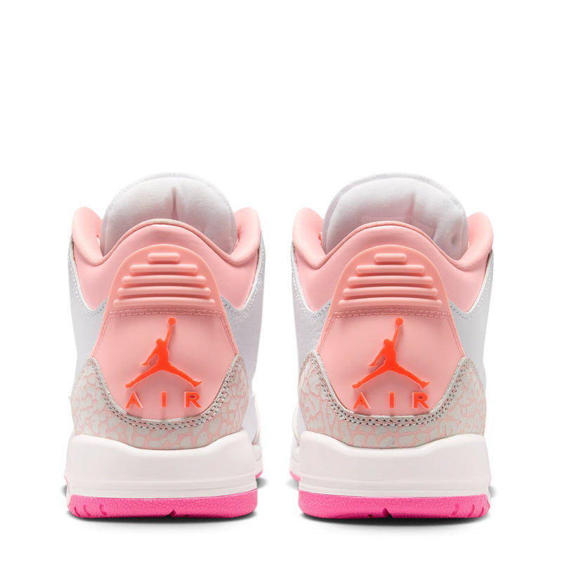 Youth sneaker heel view: white leather with pink collar, Air logo and pink outsole
